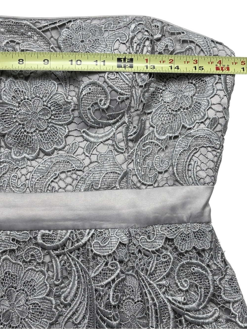 Adrianna Papell Silver Grey Lace Strapless Peplum Cocktail Dress Size 8 - Picture 7 of 12